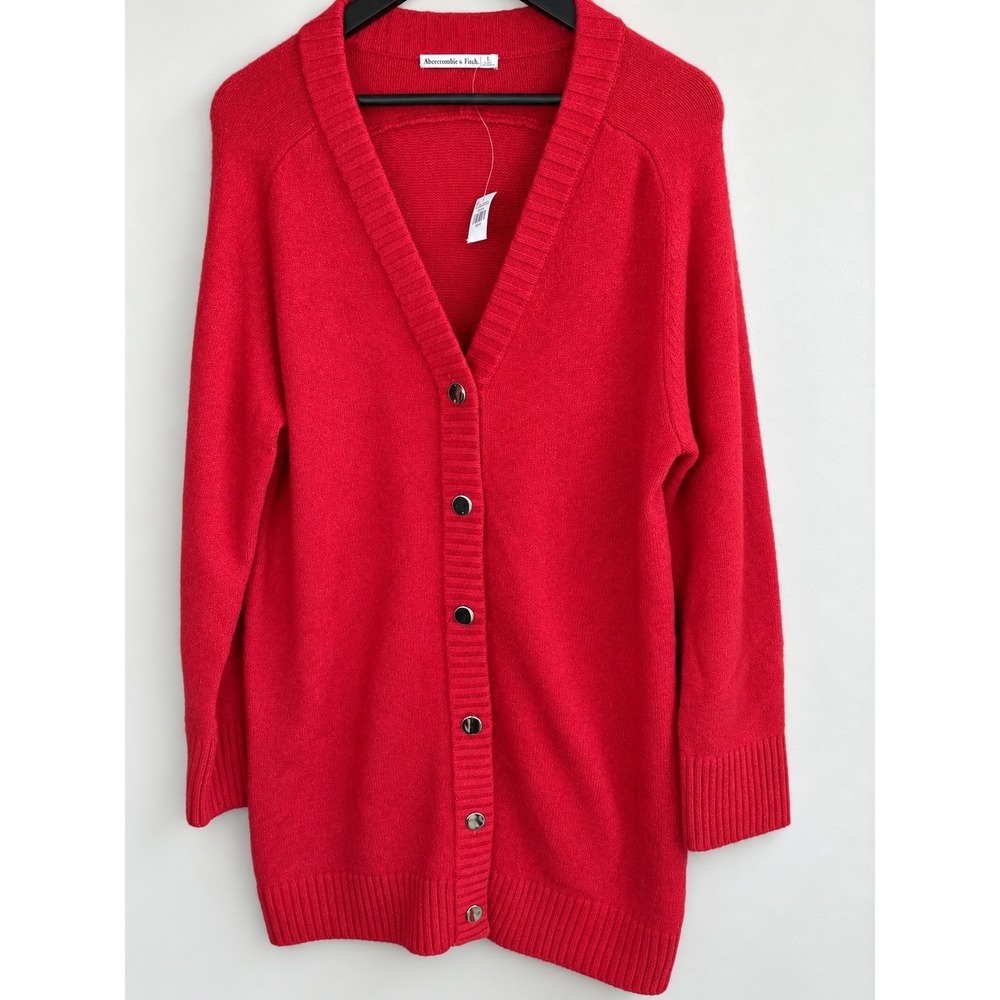 Abercrombie & Fitch NWT Womens Red Long V-Neck Button Front Cardigan Sweater L